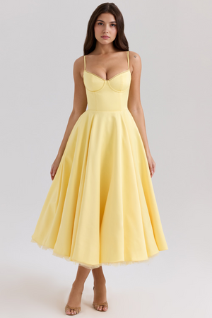 Midi Dress Double-Layer Underwired Satin – Esme - Yellow - Hadassha