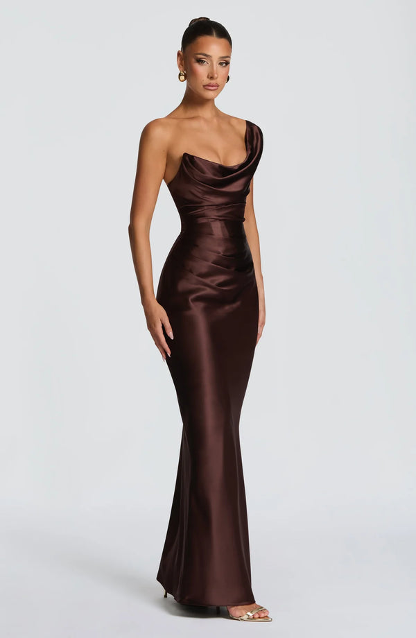 One-Shoulder Corset Satin Maxi Dress – Elara - Hadassha