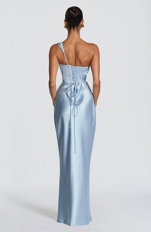 One-Shoulder Corset Satin Maxi Dress – Elara - Hadassha
