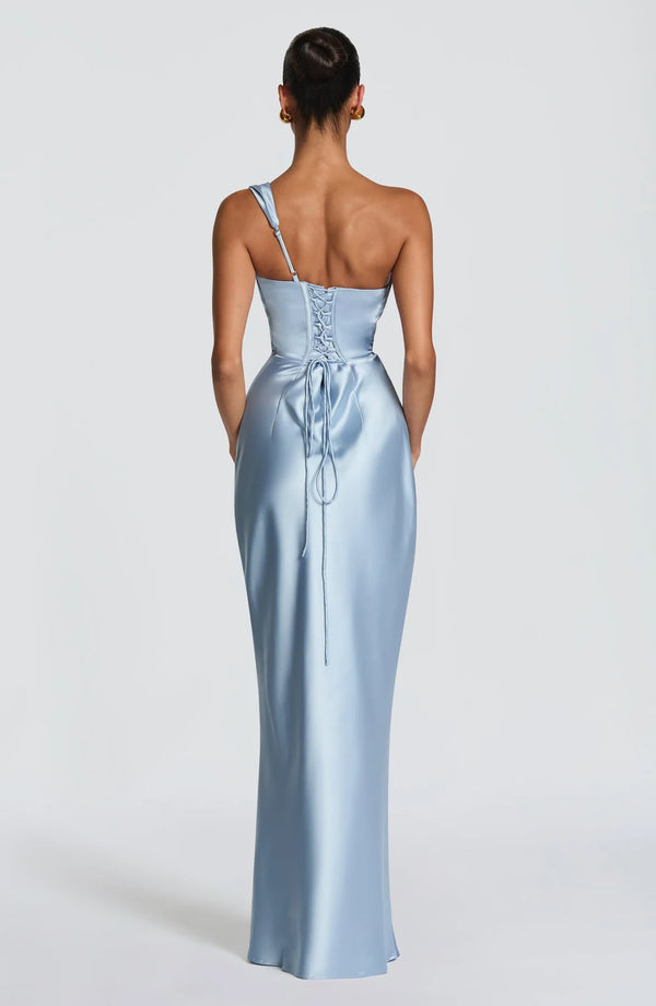 One-Shoulder Corset Satin Maxi Dress – Elara - Hadassha