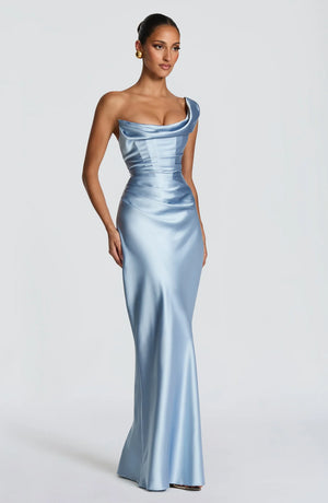 One-Shoulder Corset Satin Maxi Dress – Elara - Hadassha