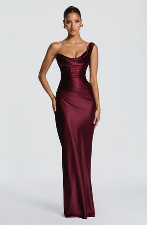 One-Shoulder Corset Satin Maxi Dress – Elara - Hadassha