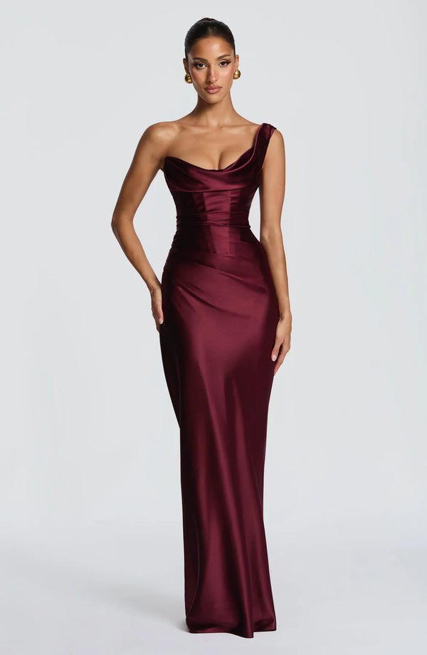One-Shoulder Corset Satin Maxi Dress – Elara - Hadassha