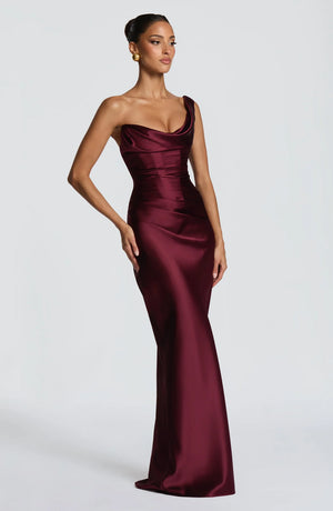 One-Shoulder Corset Satin Maxi Dress – Elara - Hadassha