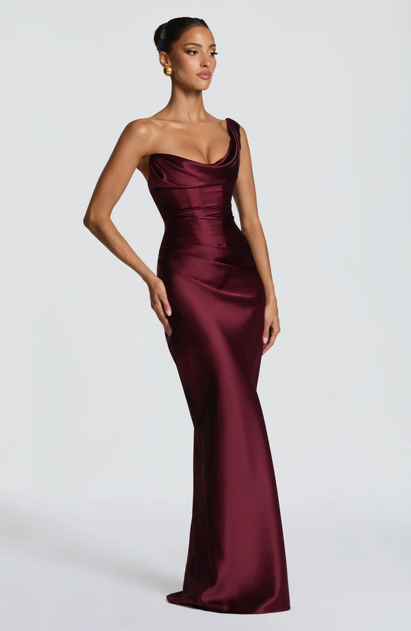One-Shoulder Corset Satin Maxi Dress – Elara - Hadassha