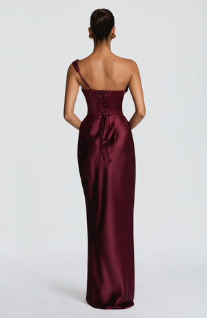 One-Shoulder Corset Satin Maxi Dress – Elara - Hadassha