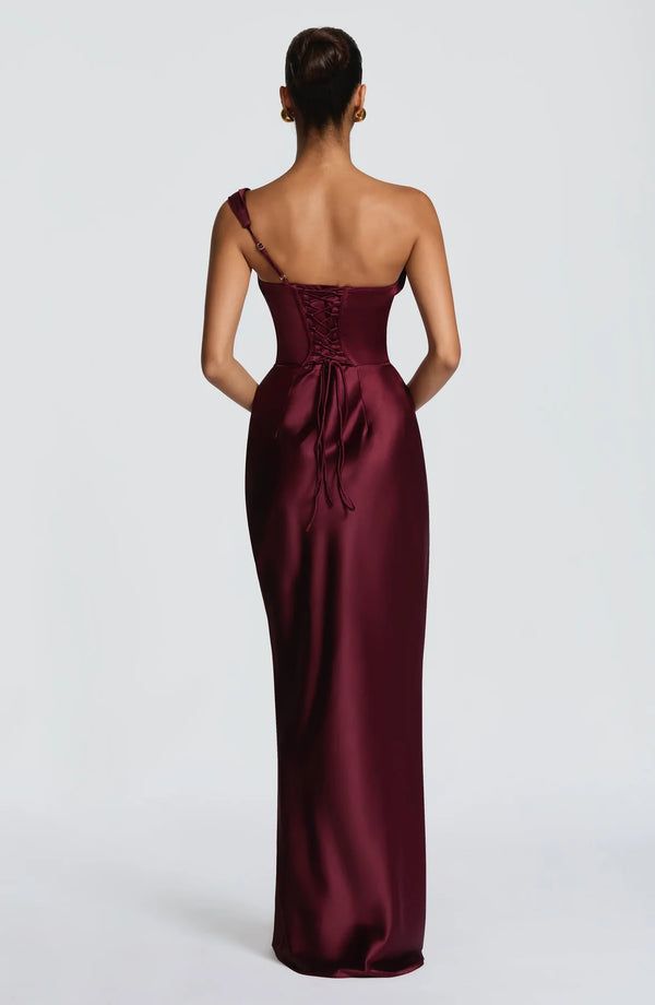 One-Shoulder Corset Satin Maxi Dress – Elara - Hadassha
