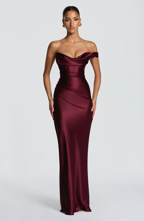 One-Shoulder Corset Satin Maxi Dress – Elara - Hadassha