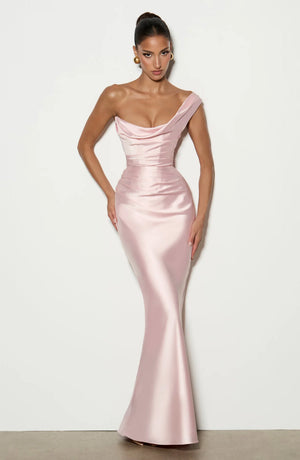 One-Shoulder Corset Satin Maxi Dress – Elara - Hadassha