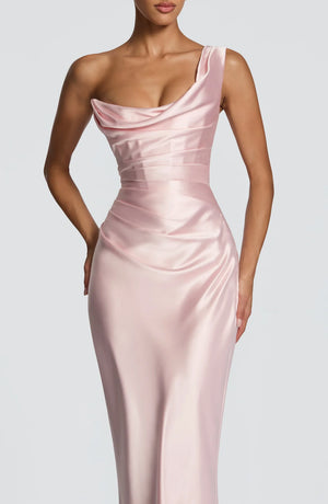 One-Shoulder Corset Satin Maxi Dress – Elara - Hadassha