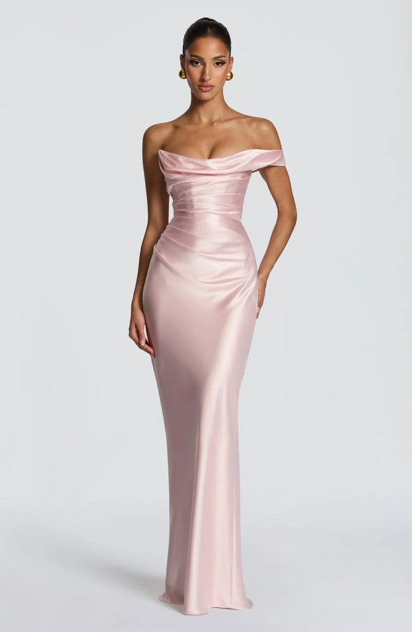 One-Shoulder Corset Satin Maxi Dress – Elara - Hadassha