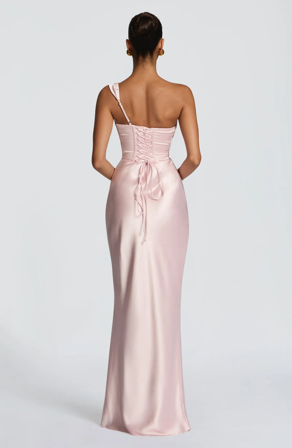 One-Shoulder Corset Satin Maxi Dress – Elara - Hadassha