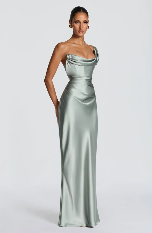One-Shoulder Corset Satin Maxi Dress – Elara - Hadassha