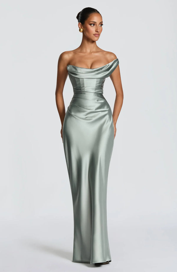 One-Shoulder Corset Satin Maxi Dress – Elara - Hadassha
