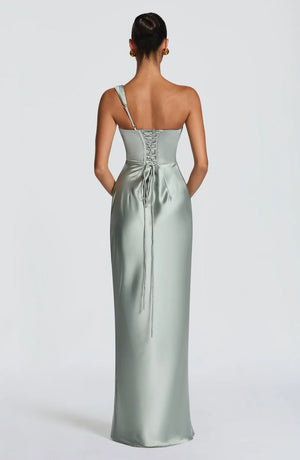 One-Shoulder Corset Satin Maxi Dress – Elara - Hadassha