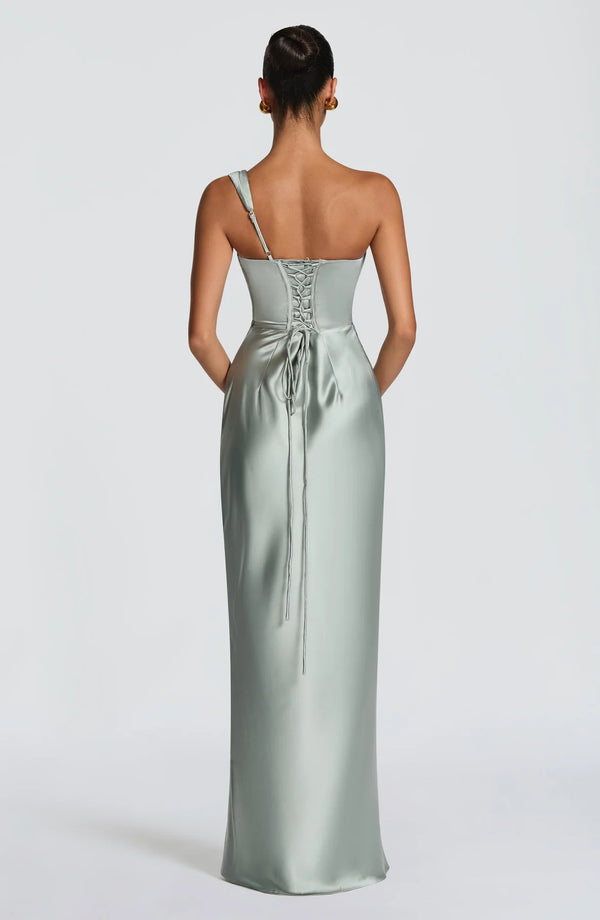 One-Shoulder Corset Satin Maxi Dress – Elara - Hadassha