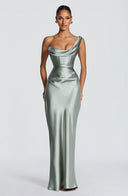 One-Shoulder Corset Satin Maxi Dress – Elara - Hadassha