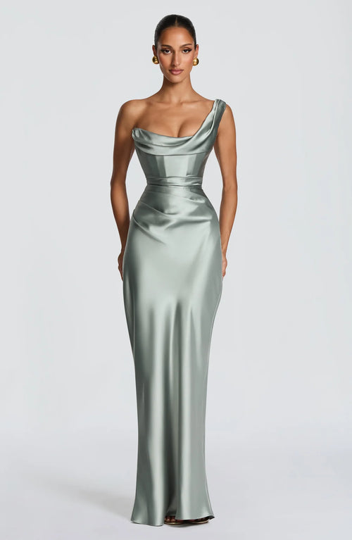 One-Shoulder Corset Satin Maxi Dress – Elara - Hadassha
