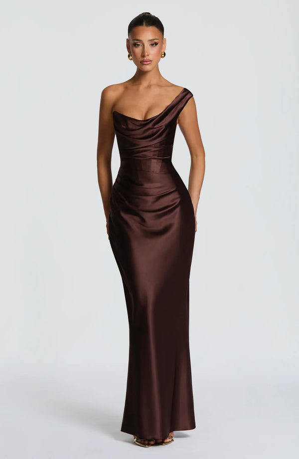 One-Shoulder Corset Satin Maxi Dress – Elara - Hadassha