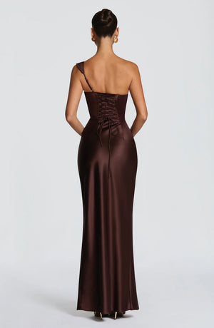 One-Shoulder Corset Satin Maxi Dress – Elara - Hadassha