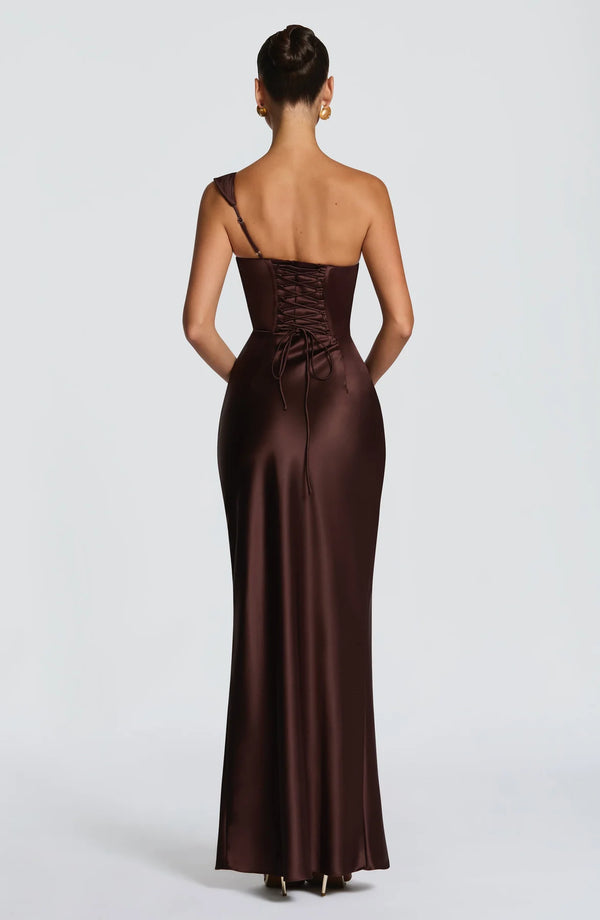 One-Shoulder Corset Satin Maxi Dress – Elara - Hadassha