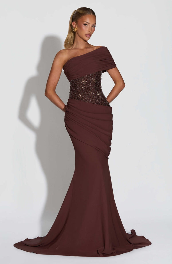 One-Shoulder Mermaid Maxi Dress Waist-Defining – Odette - Brown - Hadassha