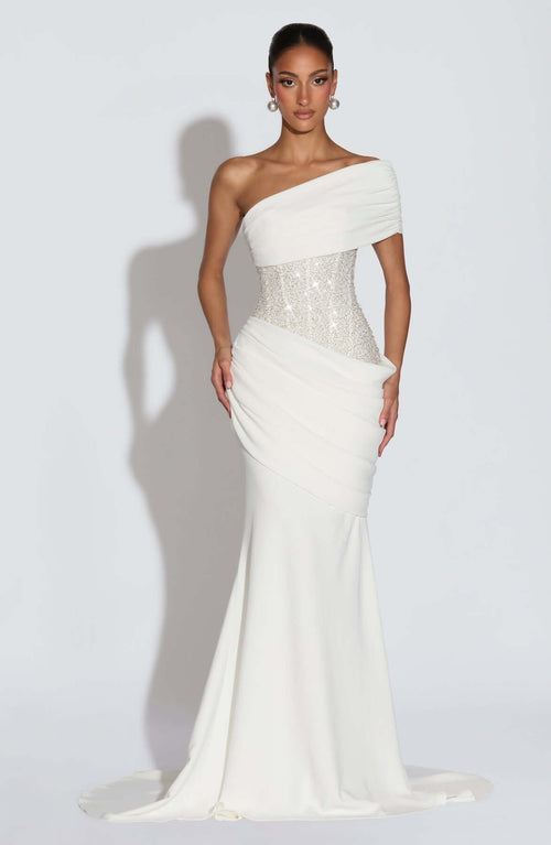 One-Shoulder Mermaid Maxi Dress Waist-Defining – Odette - White - Hadassha
