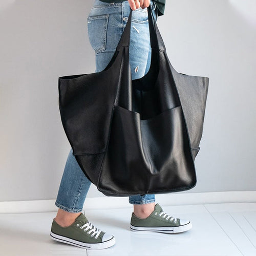 Oversized Scratch-Resistant Vegan Leather Tote – Odette - Black - Hadassha