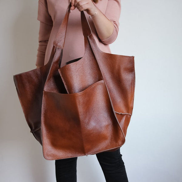Oversized Scratch-Resistant Vegan Leather Tote – Odette - Brown - Hadassha