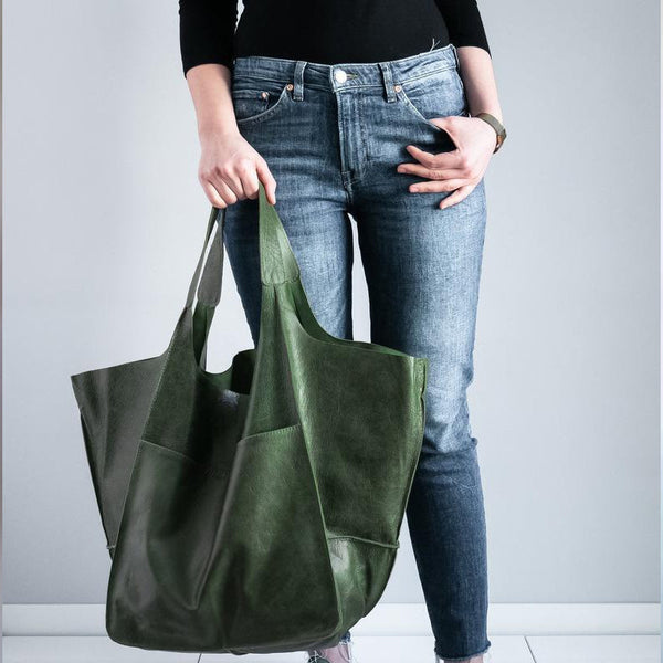 Oversized Scratch-Resistant Vegan Leather Tote – Odette - Green - Hadassha
