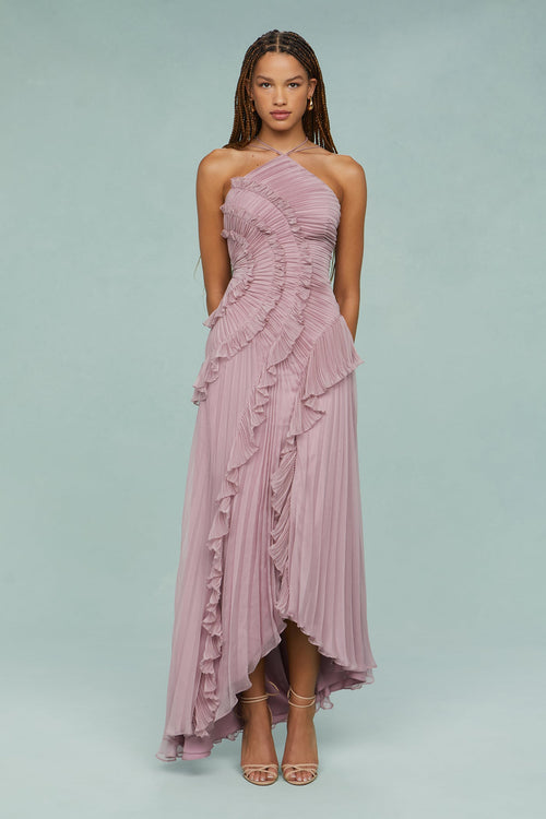 Pleated Halter Midi Dress – Talia - Pink - Hadassha