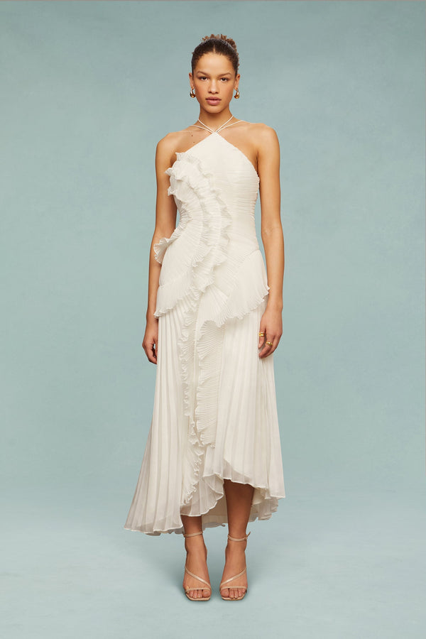 Pleated Halter Midi Dress – Talia - White - Hadassha