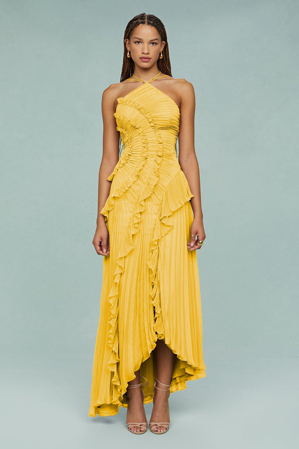 Pleated Halter Midi Dress – Talia - Yellow - Hadassha
