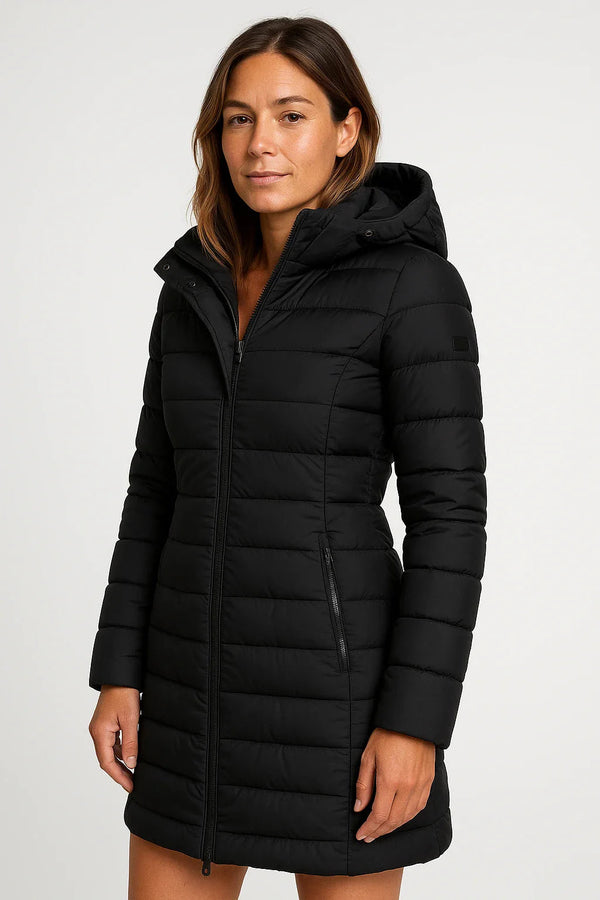 Quilted Puffer Coat Mid-Length Lightly Fitted – Elspeth - Black - Hadassha