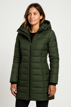 Quilted Puffer Coat Mid-Length Lightly Fitted – Elspeth - Green - Hadassha