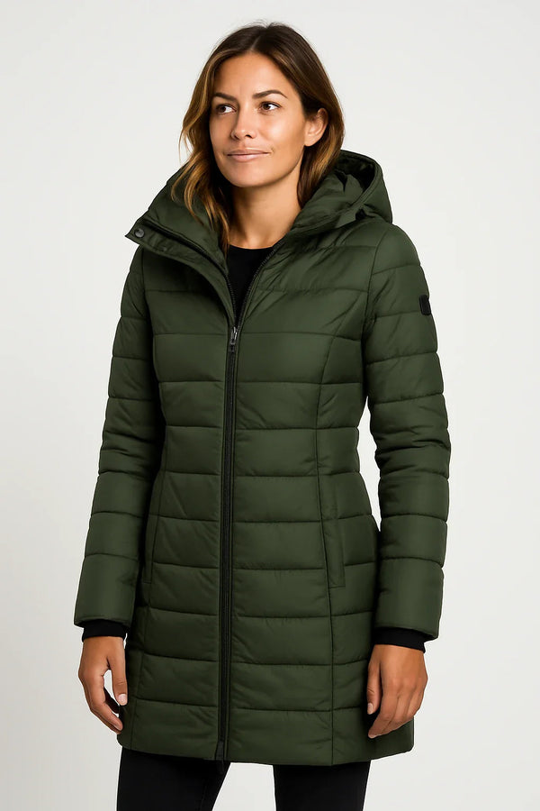 Quilted Puffer Coat Mid-Length Lightly Fitted – Elspeth - Green - Hadassha
