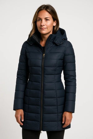 Quilted Puffer Coat Mid-Length Lightly Fitted – Elspeth - Navy Blue - Hadassha