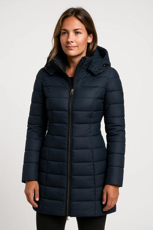 Quilted Puffer Coat Mid-Length Lightly Fitted – Elspeth - Navy Blue - Hadassha