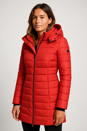 Quilted Puffer Coat Mid-Length Lightly Fitted – Elspeth - Red - Hadassha