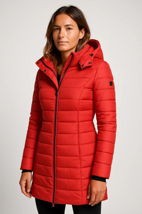 Quilted Puffer Coat Mid-Length Lightly Fitted – Elspeth - Red - Hadassha