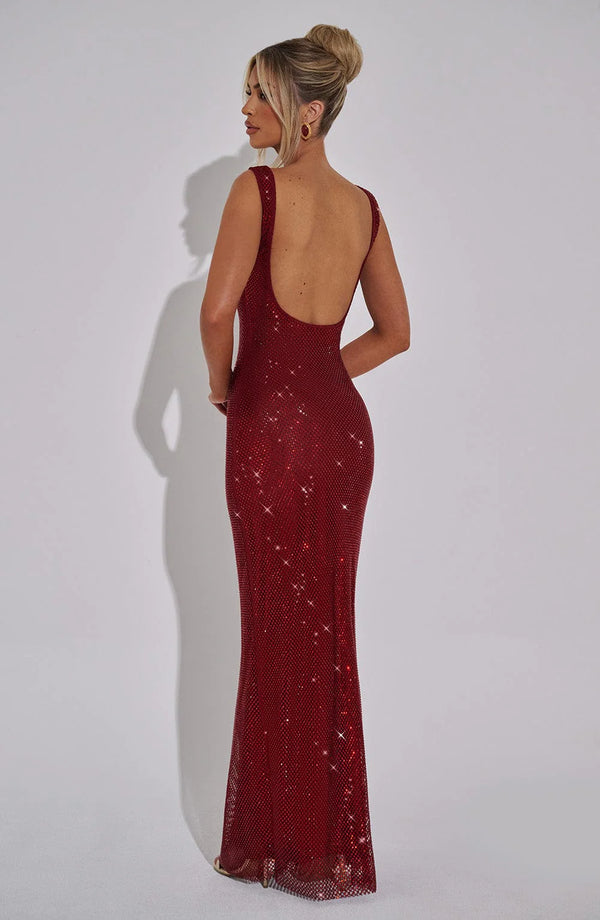 Rhinestone Backless Maxi Dress Mesh-Lined – Aurelia - Hadassha