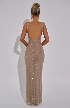 Rhinestone Backless Maxi Dress Mesh-Lined – Aurelia - Hadassha