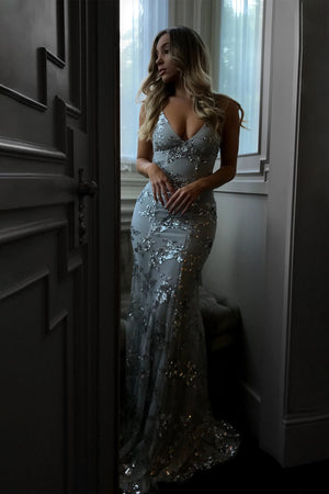 Show-Stopping V-Neck Backless Sequin Maxi Dress – Coralie - Hadassha