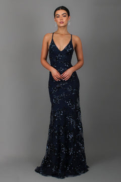 Show-Stopping V-Neck Backless Sequin Maxi Dress – Coralie - blue - Hadassha