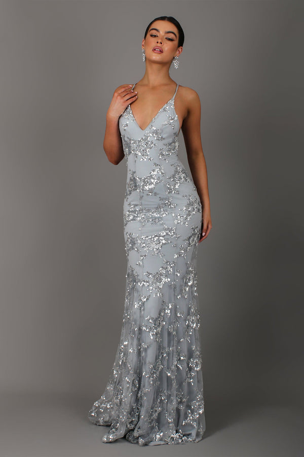Show-Stopping V-Neck Backless Sequin Maxi Dress – Coralie - grey - Hadassha