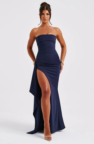 Side-Slit Maxi Dress Figure-Flattering – Lucelia - Blue - Hadassha