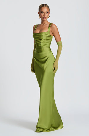 Square Neck Satin Maxi Dress Tie-Back – Calanthe - Bellux