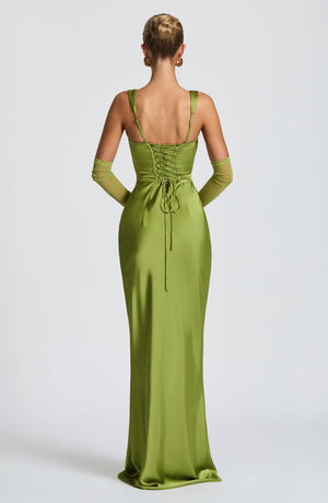 Square Neck Satin Maxi Dress Tie-Back – Calanthe - Bellux