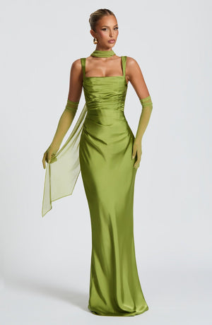 Square Neck Satin Maxi Dress Tie-Back – Calanthe - Bellux