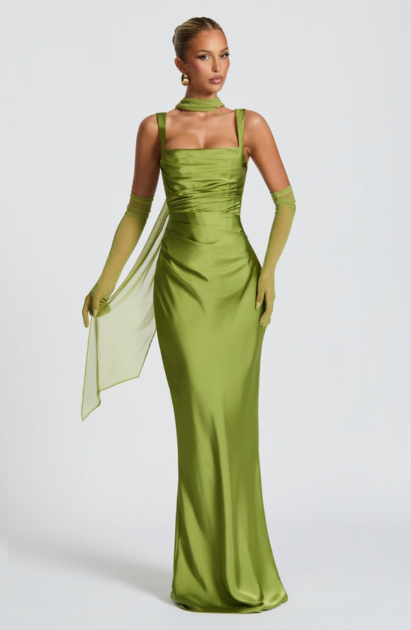Square Neck Satin Maxi Dress Tie-Back – Calanthe - Bellux